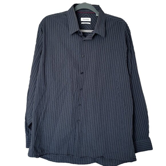 Calvin Klein Regular Fit Button Down Dark Grey Discrete Burgundy Striped Shirt - Picture 1 of 7
